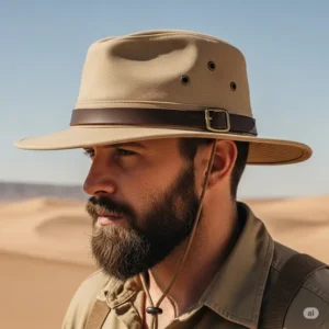 Rugged men's desert hat, built for durability and comfort during outdoor expeditions in sunny conditions.