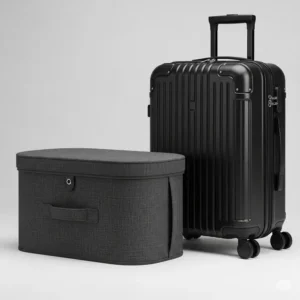 A sleek, minimalist travel hat box designed for modern travelers, shown next to a carry-on suitcase to emphasize its compact and convenient size.