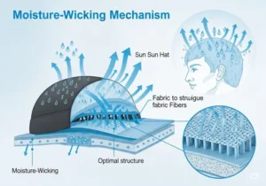 A diagram illustrating the moisture-wicking fabric of a running sun hat pulling sweat away from the scalp to keep the runner cool and dry during a workout