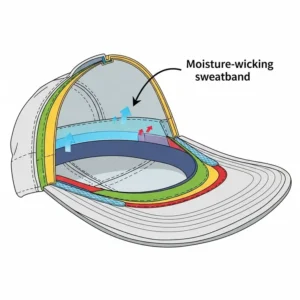 A cross-section illustration of a hiking cap for women, with a callout pointing to the interior moisture-wicking sweatband. The graphic visually represents how the sweatband pulls moisture away from the forehead to keep the hiker dry and comfortable.