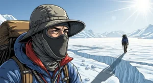 An illustration of a climber wearing a specialized mountaineering hat with full face and neck coverage while trekking across a bright, sun-exposed glacier, emphasizing its protective role.