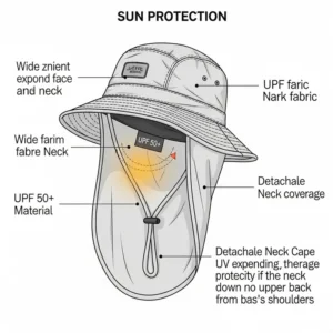 A diagram illustrating the key sun protection features of a mountaineering hat, highlighting its wide brim, UPF 50+ fabric, and a neck cape for comprehensive UV coverage.