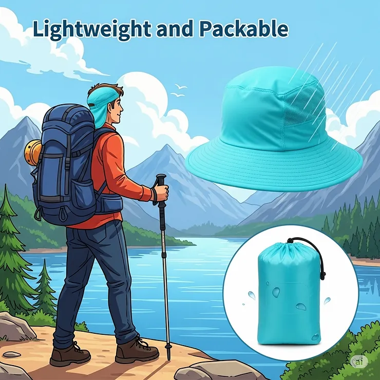 An illustration demonstrating the lightweight and packable nature of a modern water hat, perfect for travel and hiking near lakes or rivers.