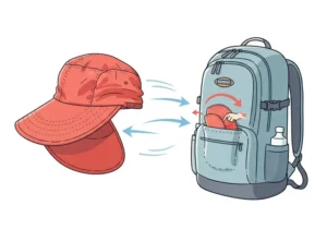 An illustration of a running sun hat being easily folded and packed into a small pocket, emphasizing its lightweight and portable design for travel and convenience