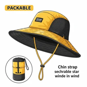Illustration of a fashionable packable sun hat featuring a chin strap for windy conditions.