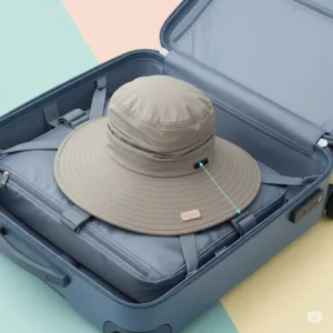 Illustration of a packable sun hat fitting neatly into a suitcase, highlighting its portability.