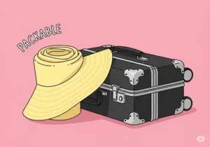 An illustration demonstrating the flexibility of a packable floppy hat, shown partially rolled up next to a suitcase