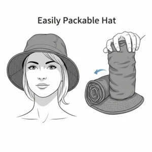 Illustration demonstrating the packability of a women's hike hat, showing it easily folded for convenient travel and hiking