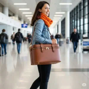 A person wearing a travel hat box with a detachable shoulder strap, illustrating the ease and comfort of carrying your hat hands-free through an airport.