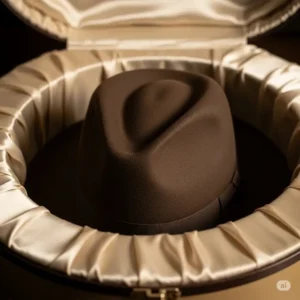 Close-up shot of the satin-lined interior of a travel hat box, with a fedora securely nestled inside, highlighting the protective features for delicate hats.