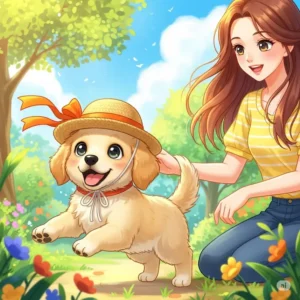 A sweet illustration of a small puppy wearing its very first dog sun hat, looking adorable and ready for outdoor adventures with its owner.