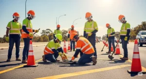Illustration of a road work crew wearing high-visibility cooling hard hats, emphasizing improved safety and comfort during demanding outdoor work.