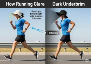 An illustration demonstrating how the dark underbrim of a running sun hat reduces glare from the pavement, improving visibility for the runner.