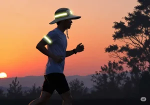 An illustration of a runner wearing a running sun hat with reflective details that enhance visibility and safety during an evening or early morning run