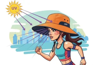 An illustration showing UV rays from the sun being blocked by the wide brim and UPF fabric of a running sun hat, protecting the runner's face
