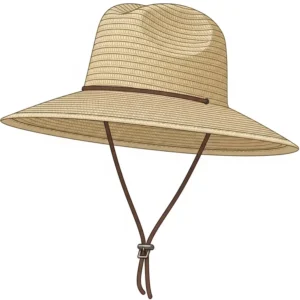 A clean illustration of a light-colored straw gardening hat with an adjustable chin strap, perfect for staying secure on breezy days in the garden.