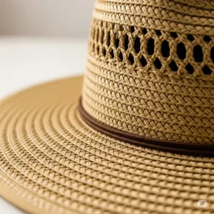 Close-up view of the intricate weave and sturdy design of a natural straw lifeguard hat.