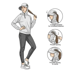 Close-up illustration showcasing the high ponytail hole feature on a wide-brimmed sun hat.