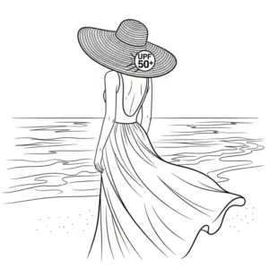 An illustration of a woman wearing a chic, wide-brimmed sun travel hat, offering excellent UPF 50+ sun protection.