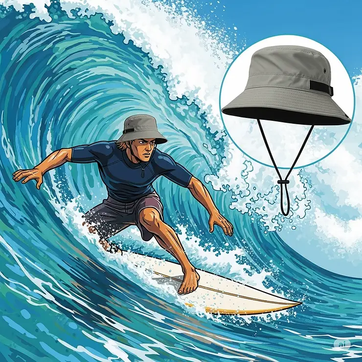 An illustration of a surfer with a bucket-style water hat, securely fastened, ready to take on the waves, demonstrating its use in active water sports.