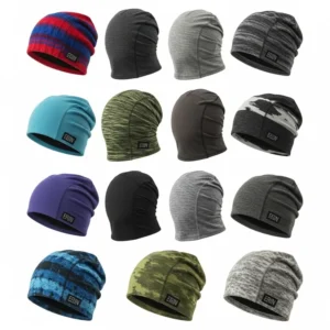 A collection of different styles and colors of cooling beanies, suitable for various outdoor activities and preferences.