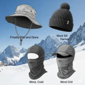 An illustration showcasing various types of mountaineering hats, including a sun hat, a beanie, a balaclava, and a cap with a neck cape, suitable for different alpine conditions.