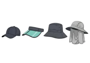 An illustration showcasing various styles of running sun hats, including a classic cap, a visor, a bucket hat, and a caped hat for neck coverage.