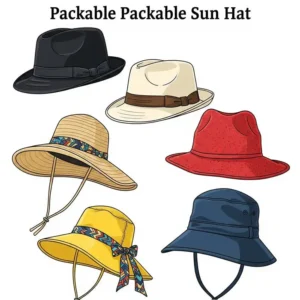 Illustration showcasing different styles of packable sun hats, including fedoras and wide-brim options.