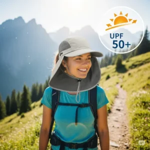 An illustration depicting a woman on a sunny trail, with a "UPF 50+" icon overlaid on her wide-brimmed hiking cap. This image visually explains the excellent UV sun protection offered by a quality hiking cap for women.