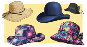An illustration displaying a collection of different floppy hat styles, including straw, felt, and colorful fabric options