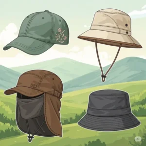 An illustration showcasing a variety of hiking caps for women, including a breathable baseball cap, a wide-brimmed sun hat, a foldable legionnaire cap with a neck flap, and a stylish bucket hat, all in different earthy tones.