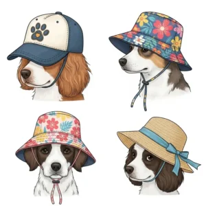 An illustration showcasing a variety of fashionable dog sun hat styles, including a baseball cap, a bucket hat, and a straw hat, all designed for sun protection.