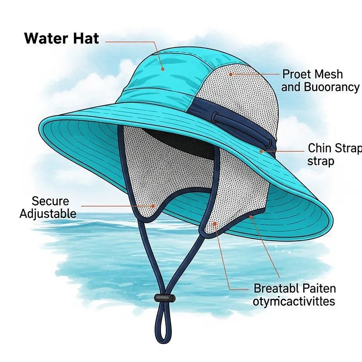 An illustration highlighting the key features of a versatile water hat, including a chin strap, breathable mesh, and a buoyant, wide brim for various water activities.