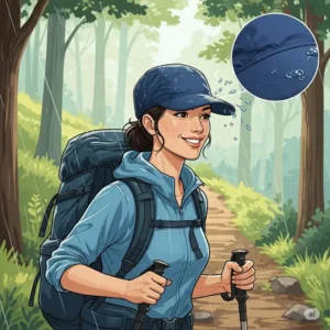 An illustration of a woman wearing a dark blue water-resistant hiking cap during a light drizzle on a forest trail. Water droplets are shown beading up and rolling off the cap's surface, demonstrating its suitability for changing weather conditions.