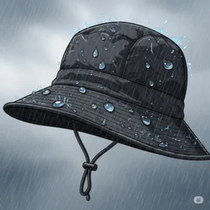 An image depicting water droplets beading up on the surface of a water-resistant mountaineering hat, showcasing its ability to keep the wearer dry during rain or snow.