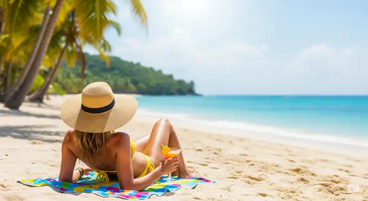 A woman wearing a wide-brimmed straw floppy hat relaxes on a tropical beach, with the turquoise ocean in the background