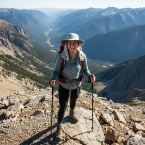 A woman wearing a light-gray, wide-brimmed hiking cap for women stands triumphantly on a mountain peak, smiling at the stunning valley view below, showcasing the cap's sun protection during a challenging hike.