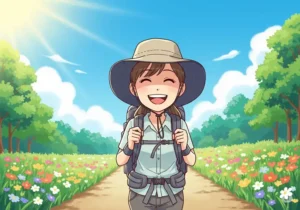 Illustration of a woman enjoying a sunny hike, her face shaded by a functional women's hike hat, emphasizing sun protection