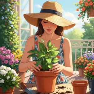 An illustration of a woman on her patio, focused on potting a plant in a terracotta pot, with her face gently shaded by a stylish floppy straw gardening hat.
