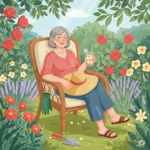 An illustration depicting a woman taking a peaceful break from gardening, leaning back in a chair with a refreshing drink, her straw gardening hat resting on her lap.