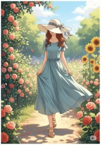 An illustration of a woman in a flowing summer dress, her face shaded by a large, elegant floppy hat as she walks through a garden