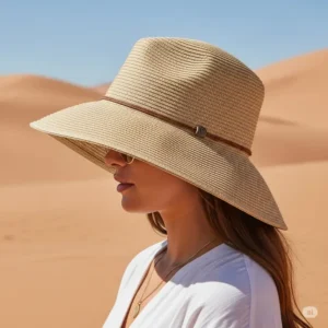 Stylish women's desert hat with a wide brim, offering both sun protection and a fashionable look for travel.