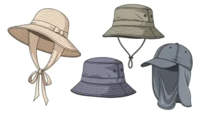 Illustration showcasing different styles of women's hike hats, including wide-brim, bucket, and neck flap options for versatile trail needs