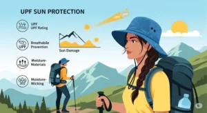 Informative illustration explaining the UPF sun protection benefits offered by a quality women's hike hat for skin safety outdoors