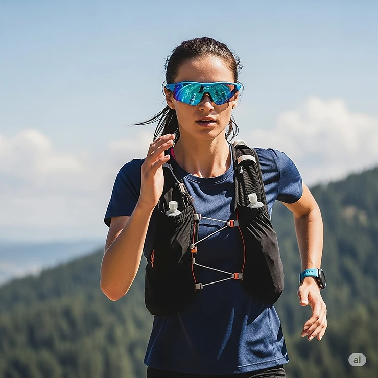 Athlete wearing durable blue colored lens sunglasses during an outdoor activity, showcasing their versatility and comfort.