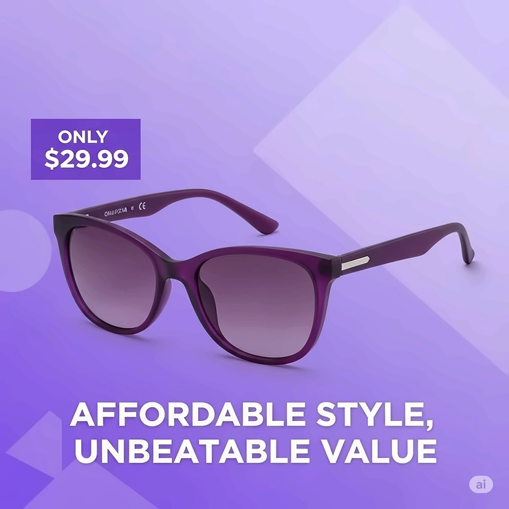 Graphic depicting affordable purple sunglasses for women, a great value option.