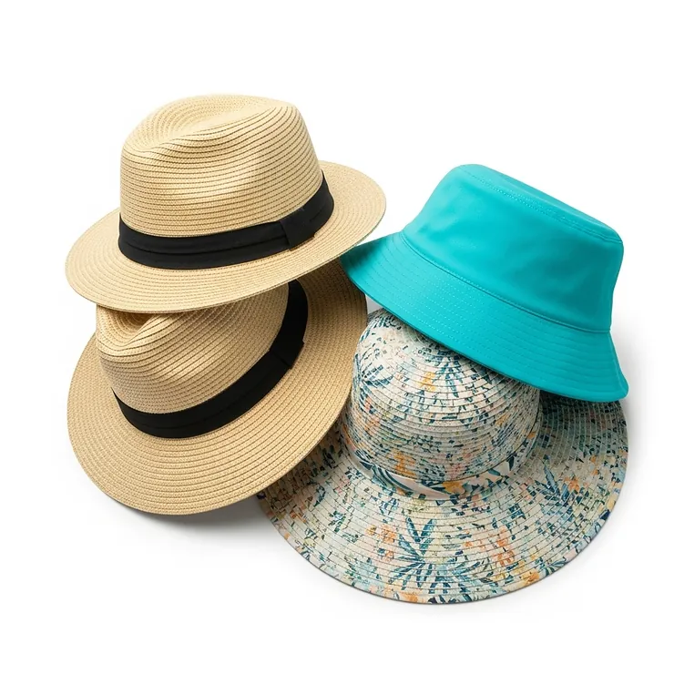 An assortment of various pool hats including straw, bucket, and wide-brim styles, showcasing different options for sun protection.
