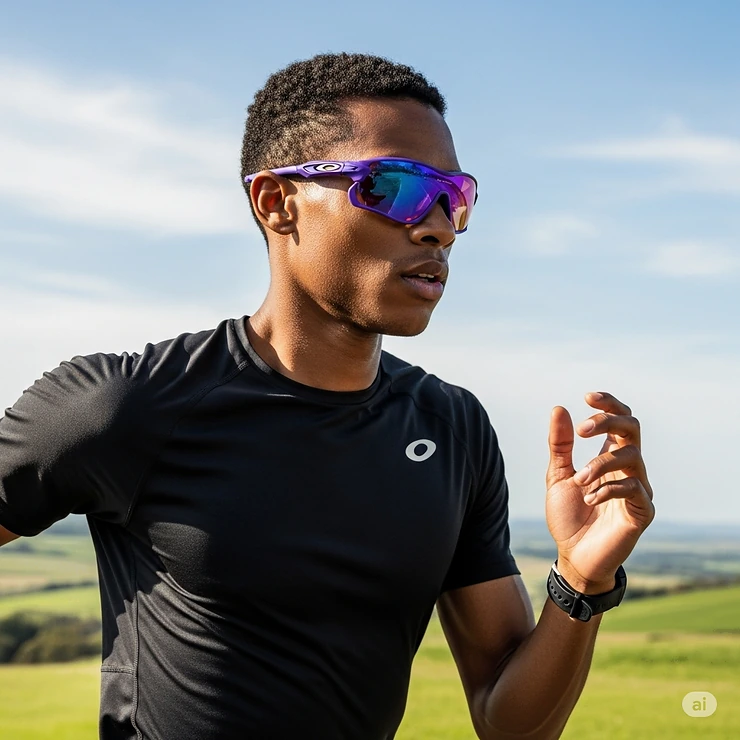 An athlete in motion wearing purple Oakley sunglasses, demonstrating their secure fit and performance benefits during outdoor activities.