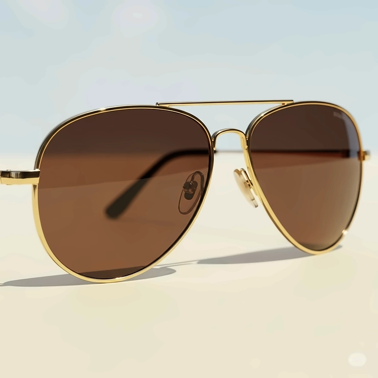 An iconic aviator style gold sunglasses frame with dark tinted lenses, ready for sunny days.