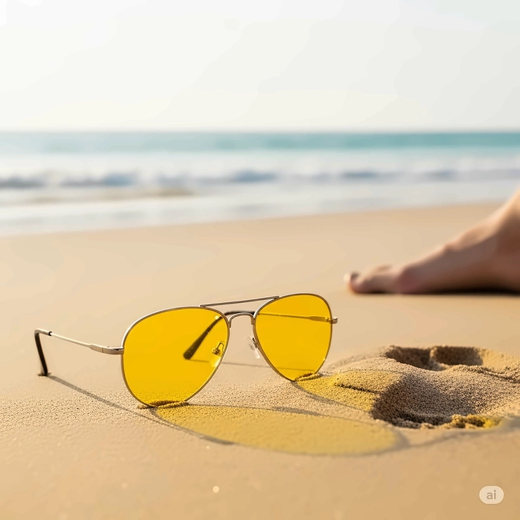 Pair of yellow lens aviator sunglasses lying on a sandy beach, evoking a sense of leisure and sunny destinations.